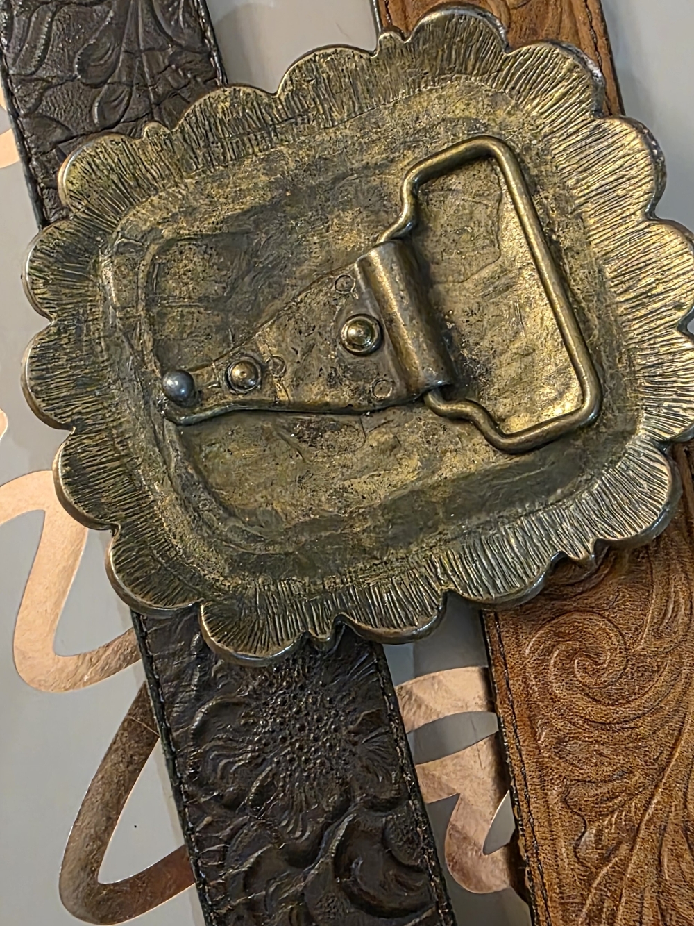 Y2K Vintage Embossed Dark Brown Leather Belt with Amber and Garnet Accents - Picture 5 of 10